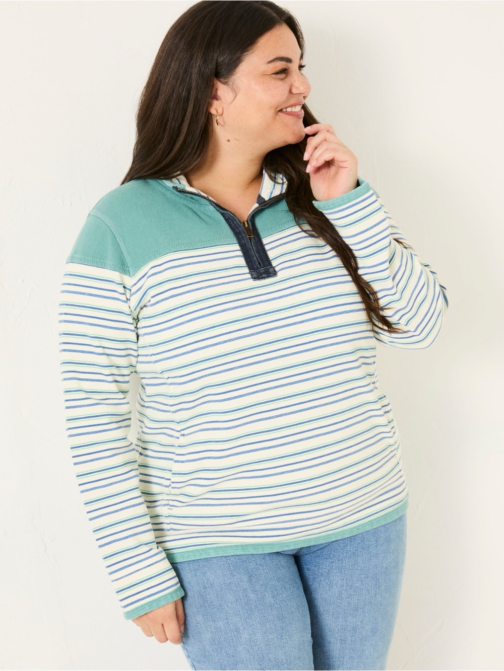 Fat Face the airlie sustainably sourced unisex quarter zip white and striped